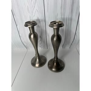Set of 2 Vintage Brushed Pewter Tall Candlesticks 11 inches